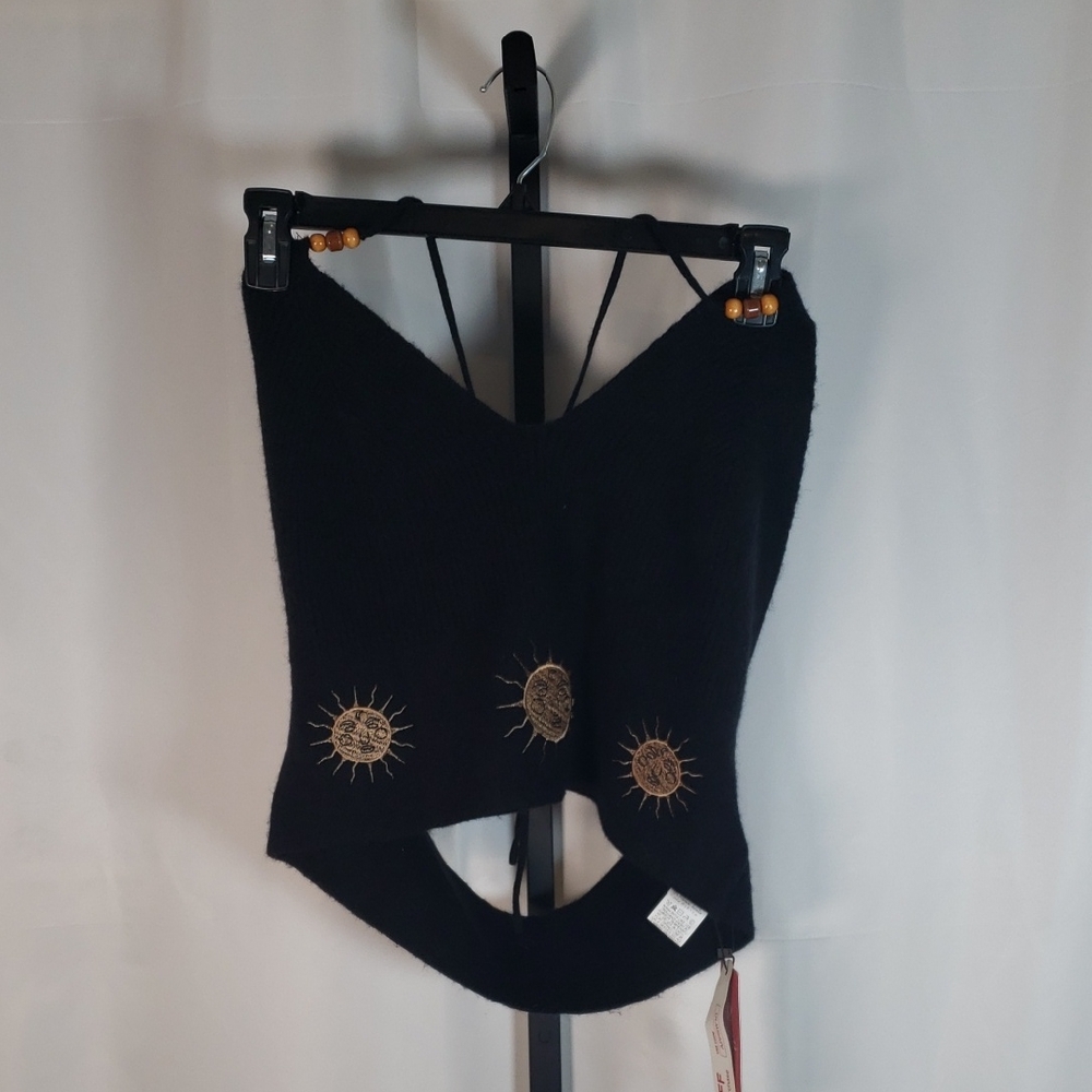 ROMWE Sleeveless Halter Top Black with Sun‎ Embroidery and Beads - SZ 3XL - NWT